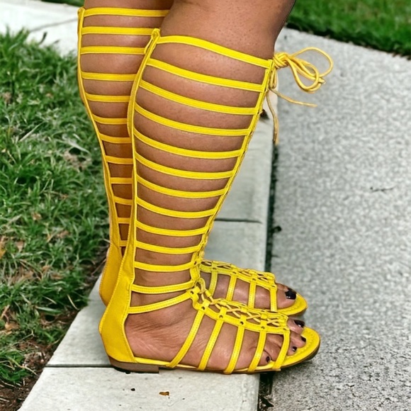 Yellow tall calf high lace up strappy elastic gladiator flat sandals sz 11. - Picture 2 of 7